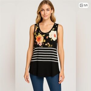 Floral Striped Black Tank Top
